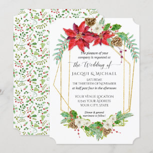 Invitación Navidades Red Poinsettia Gold Geometric Watercolor