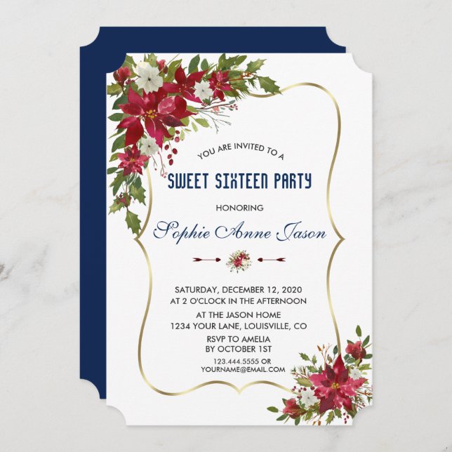 Invitación Navidades Red Poinsettia Gold Sweet Dieciséis Fies (Anverso / Reverso)