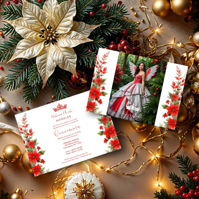 Invitación Navidades Red Poinsettias Inspiración Moda Floral (Christmas Red Poinsettias Inspirations Chic Floral Spanish Photo Mis XV Invitations Cards with Glam )