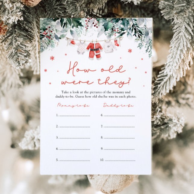 Invitación Navidades Red Santa Baby Shower Cuan Antiguos Eran (Watercolor Cute Christmas Red Santa Baby Shower How Old Were They Game)