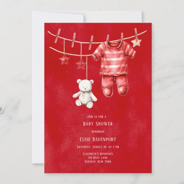 Invitación Navidades Red Teddy Bear Clothesline Baby Shower (Anverso)