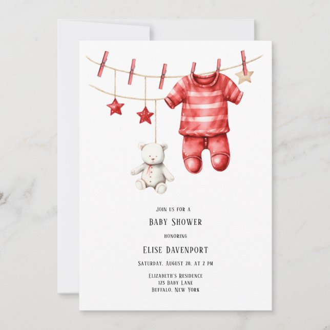 Invitación Navidades Red Teddy Bear Clothesline Baby Shower (Anverso)
