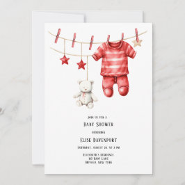 Invitación Navidades Red Teddy Bear Clothesline Baby Shower