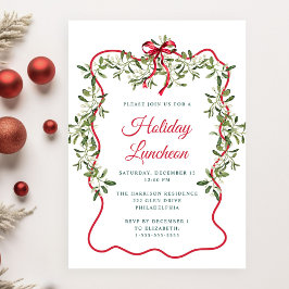 Invitación Navidades Red Wavy Frame Greenery Holiday Luncheon