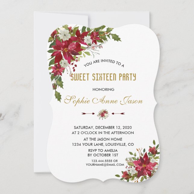 Invitación Navidades Red White Poinsettia Dulce Fiesta (Anverso)