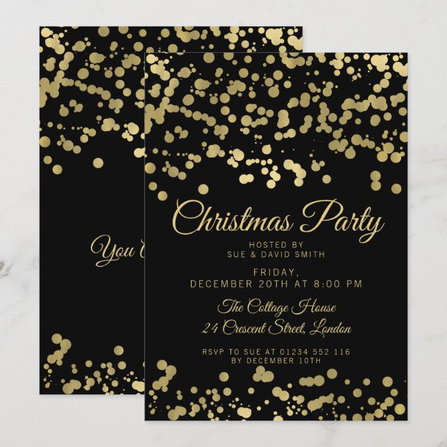 Invitación Navidades | Relieve metalizado dorado de fiesta de (Anverso / Reverso)
