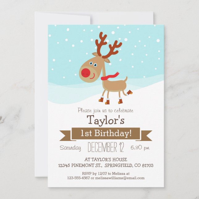 Invitación Navidades reno de invierno, fiesta de cumpleaños d (Anverso)