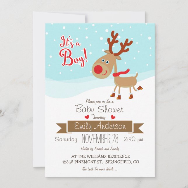 Invitación Navidades renos, niño invitado a Baby Shower (Anverso)