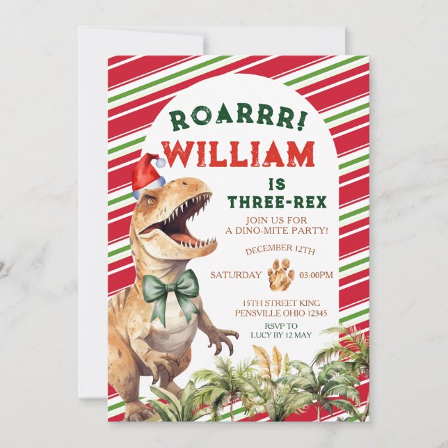 Invitación Navidades Retro Dinosaur Bow Watercolor Cumpleaños (Anverso)