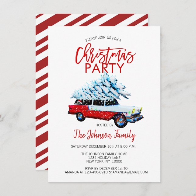 Invitación Navidades Retro Estación Fiesta Wagon Tree Red Whi (Anverso / Reverso)