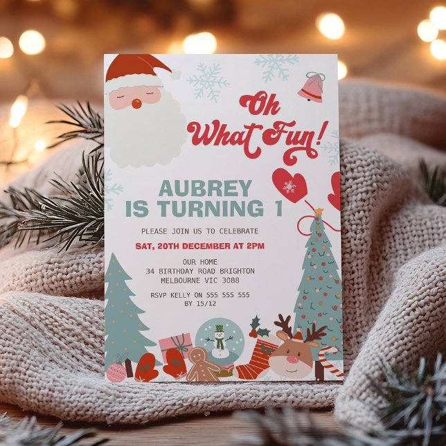 Invitación Navidades Retro Oh Qué Divertido Primer Cumpleaños (Oh What Fun Christmas Birthday Invitation Template,  Retro Christmas 1st Birthday, Winter Holiday, )
