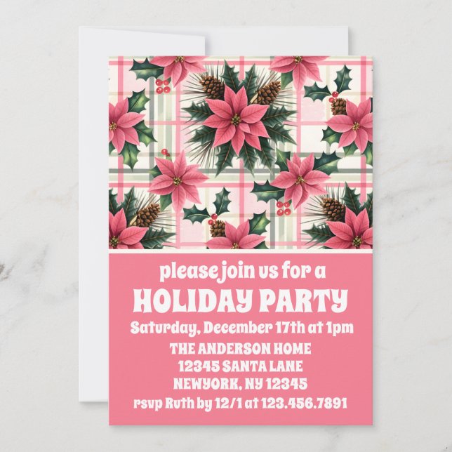 Invitación Navidades Retro Rosado Plaid Floral Feliz Navidad (Anverso)