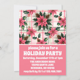 Invitación Navidades Retro Rosado Plaid Floral Feliz Navidad