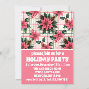 Invitación Navidades Retro Rosado Plaid Floral Feliz Navidad