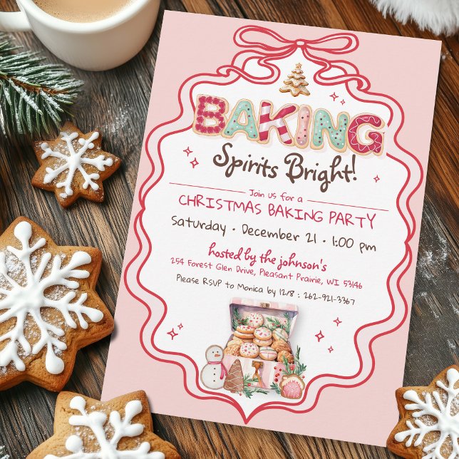 Invitación Navidades Retro Rosados y Vestidos Rojos Fiesta de (Cute pink red green coquette bow ribbon frame Baking Spirits Bright Christmas cookie Baking Invite)