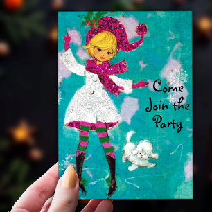 Invitación Navidades retro vintage niñas saludo de año nuevo