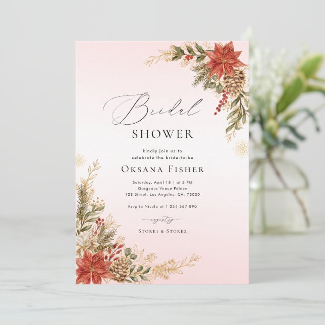 Invitación Navidades Rojo Rosa y Dorado Ducha Bridal (Anverso de pie)