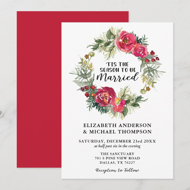 Invitación Navidades rojos acuarela Floral Wreath Boda (Anverso / Reverso)