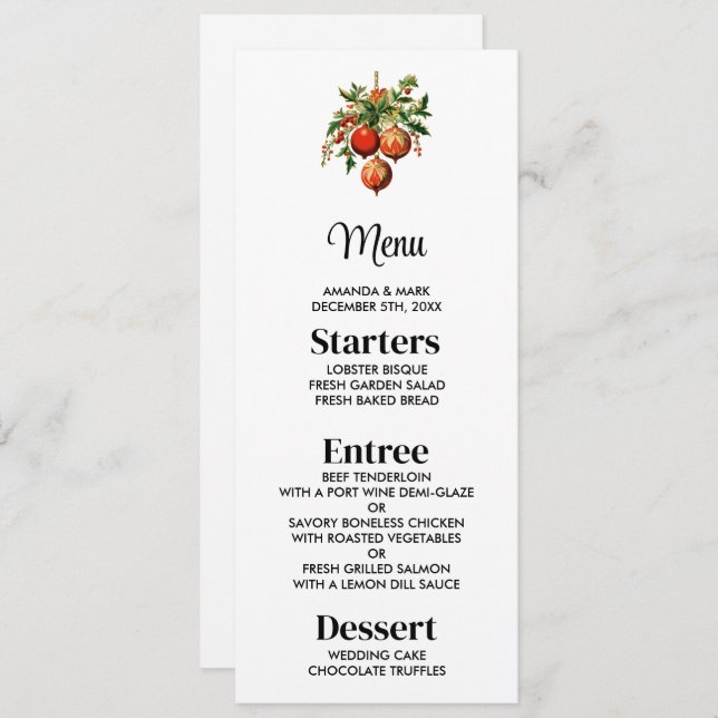 Invitación Navidades rojos baubles con fiesta holly (Anverso / Reverso)