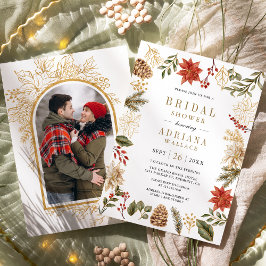 Invitación Navidades rojos de oro con foto de flores de novia