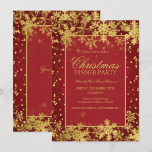 Invitación Navidades rojos de oro Fiesta de cena copos de nie