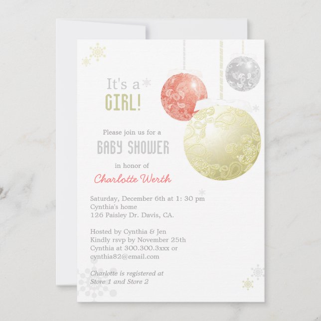 Invitación Navidades rojos de plata dorada bebé niña ducha (Anverso)