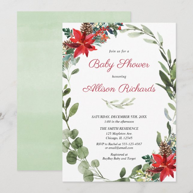 Invitación Navidades rojos de poinsettia verde ducha bebé (Anverso / Reverso)