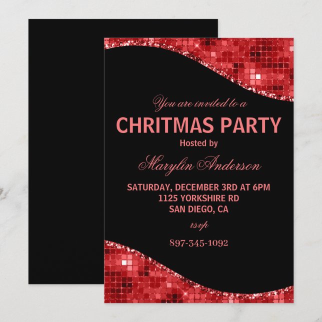 INVITACIÓN NAVIDADES ROJOS DISCO SHIMMER PERSONALIZADO (Anverso / Reverso)