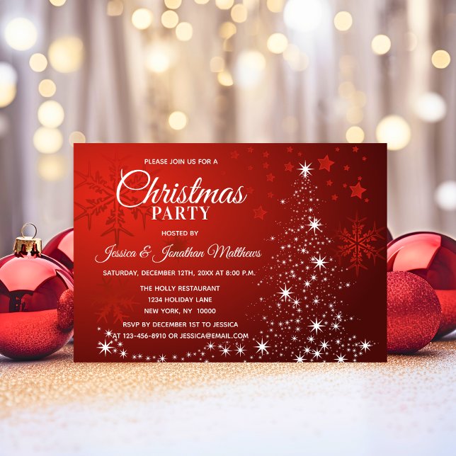 Invitación Navidades rojos FIESTA de copos de nieve blanco re (Red CHRISTMAS PARTY White Snowflakes Tree Sparkle Invitation)