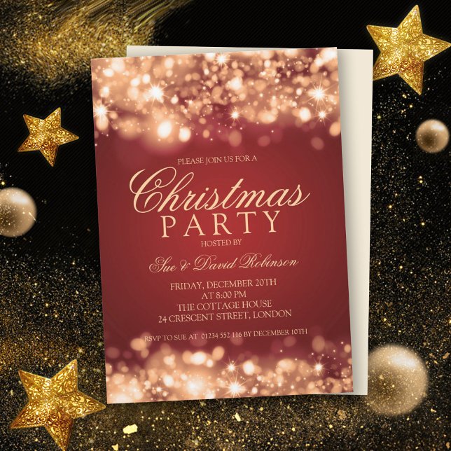 Invitación Navidades rojos Fiestas de oro brillan luces (Subido por el creador)