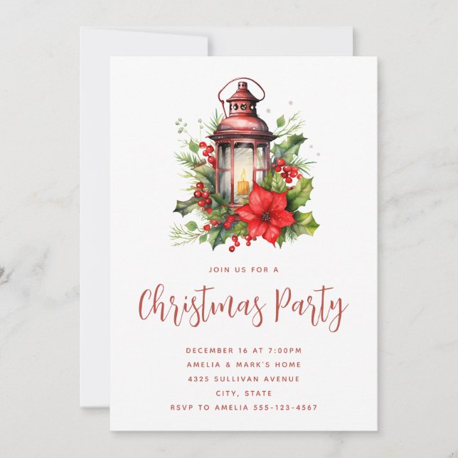 Invitación Navidades rojos Lantern Poinsettia y Fiesta de pin (Anverso)