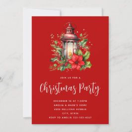Invitación Navidades rojos Lantern Poinsettia y Fiesta de pin