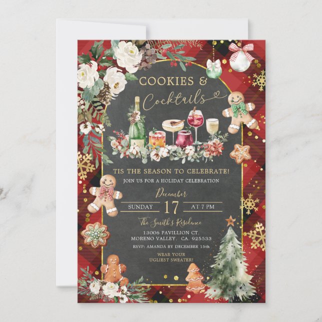 Invitación Navidades rojos negros cocineros Fiesta de cóctele (Anverso)