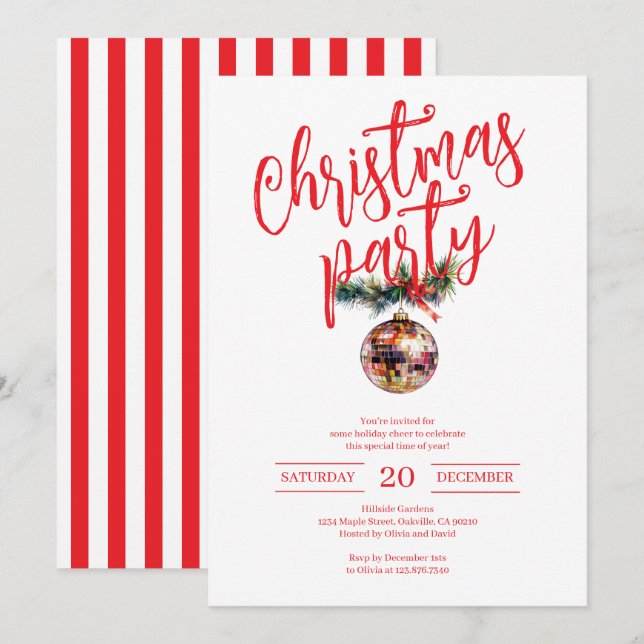 Invitación Navidades rojos y blancos Fiesta Disco Ball (Anverso / Reverso)