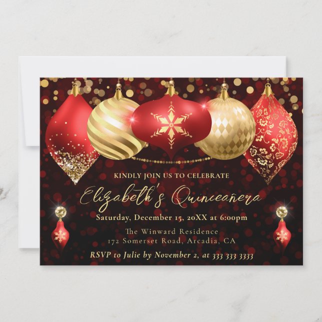 Invitación Navidades rojos y dorados baubles Quinceanera (Anverso)