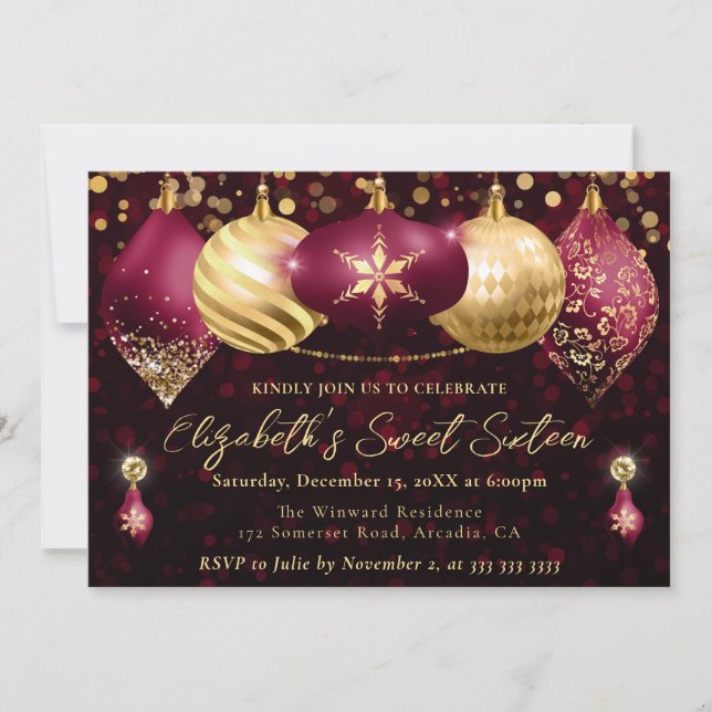 Invitación Navidades rojos y dorados Baubles Sweet 16 (Anverso)