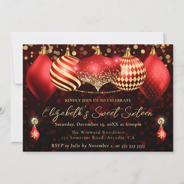 Invitación Navidades rojos y dorados Baubles Sweet 16 (Anverso)