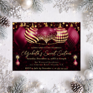 Invitación Navidades rojos y dorados Baubles Sweet 16