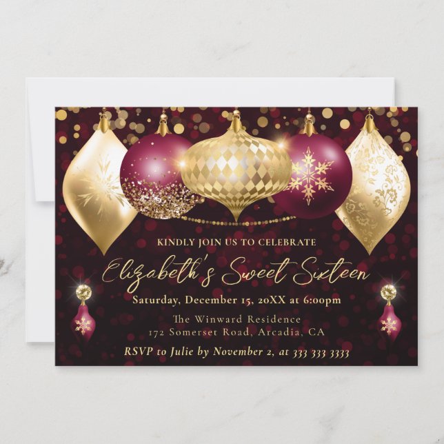 Invitación Navidades rojos y dorados Baubles Sweet 16 (Anverso)