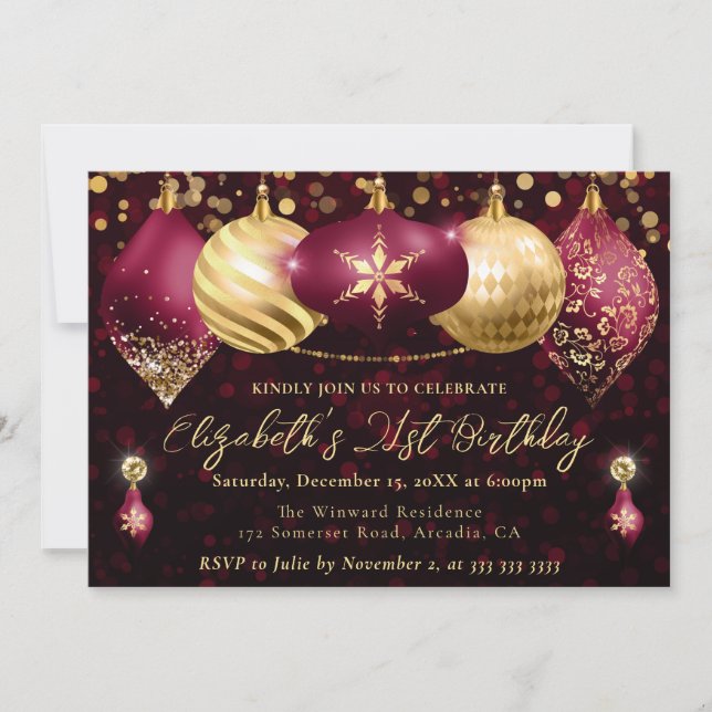 Invitación Navidades Rojos y Oro Baubles Fiesta de cumpleaños (Anverso)