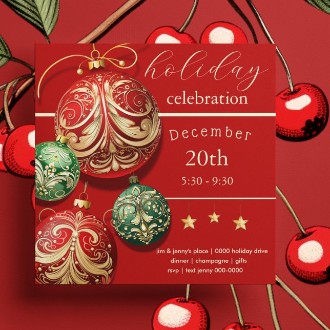 Invitación Navidades rojos y verdes Fiesta de ornamentos de v (Red and green Christmas ornament Holdiay party and celebration invitation)