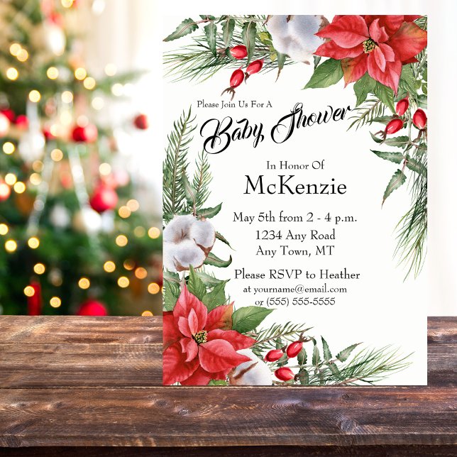 Invitación Navidades rojos y verdes Poinsettia Baby Shower (Modern Poinsettia Baby Shower Invitation in Shades of Red, Green, and White)