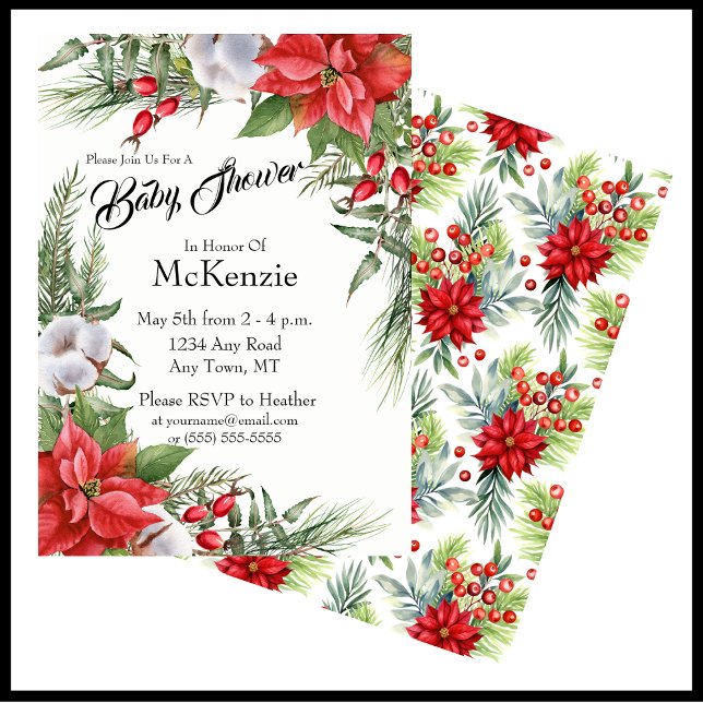 Invitación Navidades rojos y verdes Poinsettia Baby Shower (Elegant Christmas Baby Shower Invite Featuring Red Poinsettias, Cotton Blooms, and Greenery)