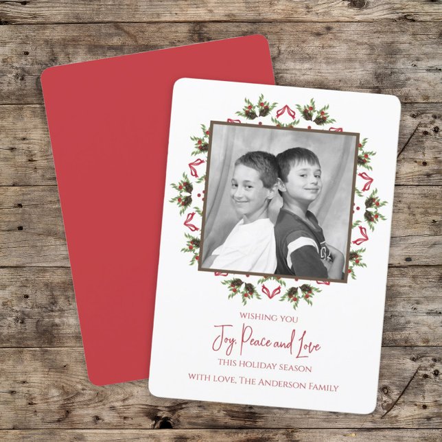 Invitación Navidades rojos y verdes Una foto simple (Holiday Peace, Joy and Love photo card)