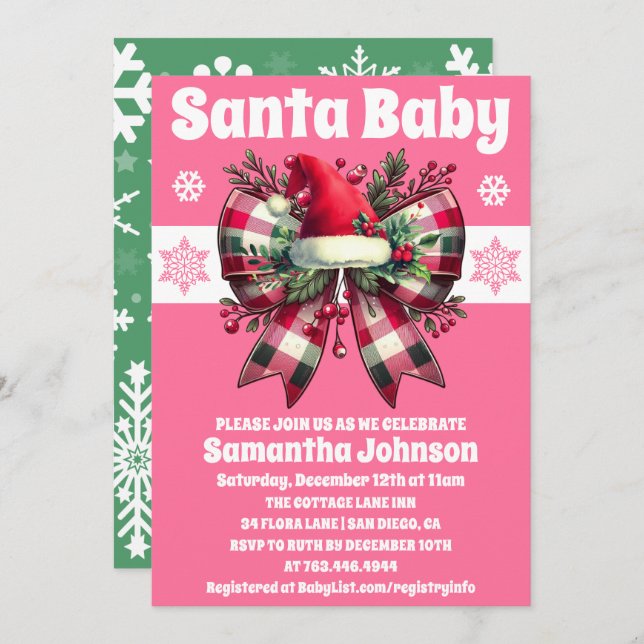 Invitación Navidades Rosa Santa Bebé Coquette Bow Baby Shower (Anverso / Reverso)