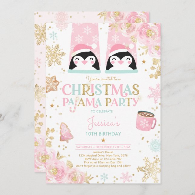 Invitación Navidades Rosa Y Oro Fiesta De Cumpleaños Pajama (Anverso / Reverso)