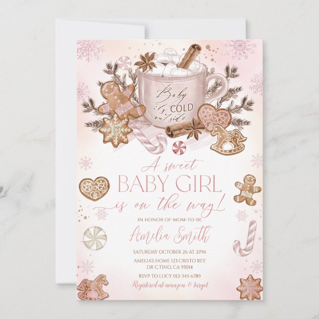 Invitación Navidades rosados Chica hombre pan de jengibre Bab (Anverso)
