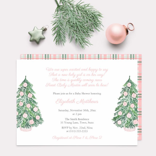 Invitación Navidades rosados Chinoiserie Chica Baby Shower (Pink Chinoiserie Holiday Trees girl baby shower party invitation)