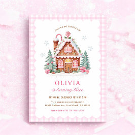 Invitación Navidades rosados de la casa Gingerbread Cumpleaño