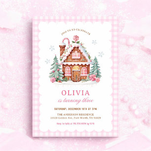 Invitación Navidades rosados de la casa Gingerbread Cumpleaño